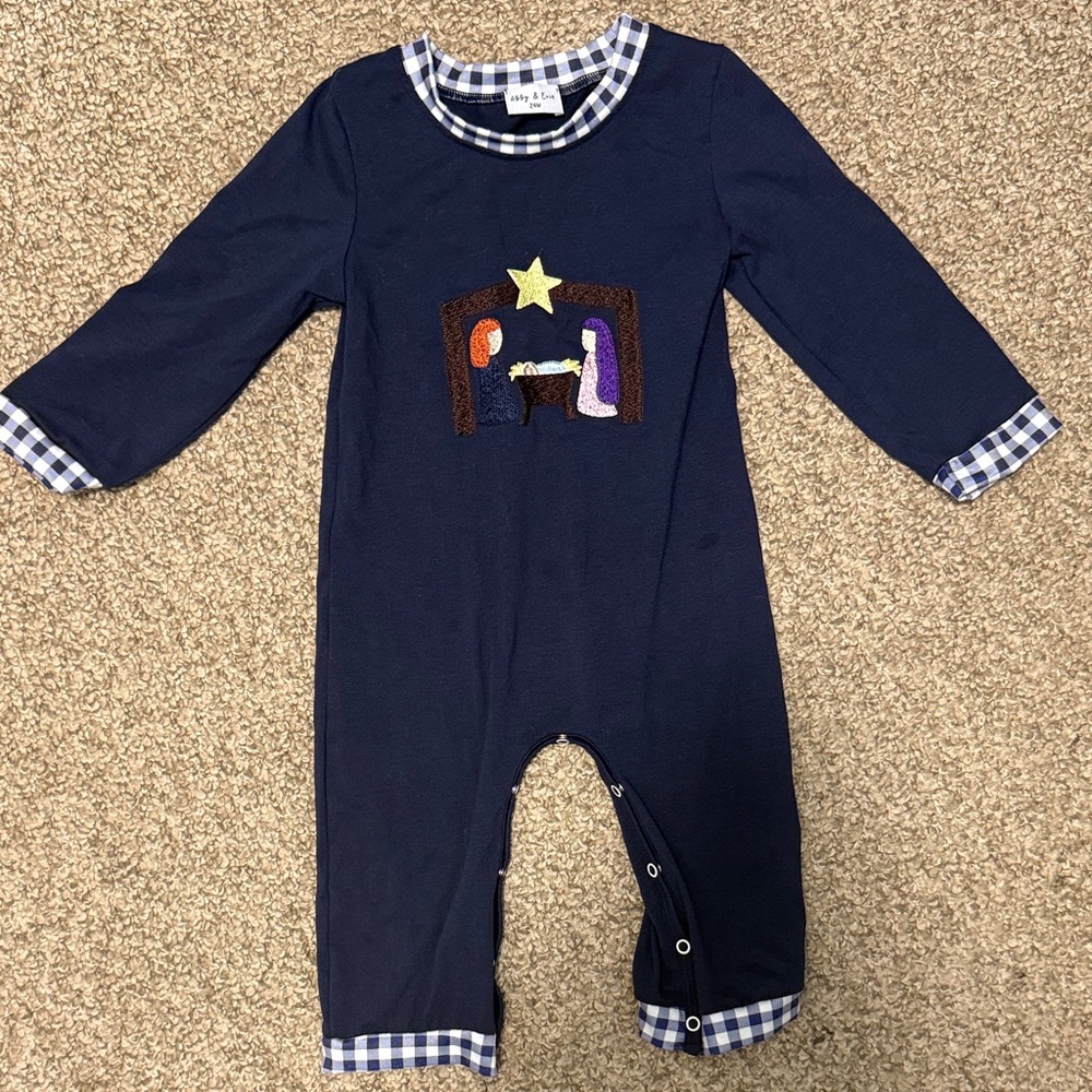 Petit Ami Navy Blue Footie with Nativity Scene
